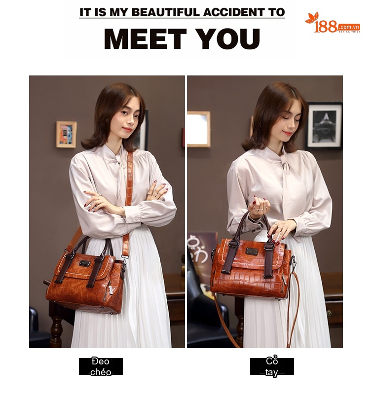 Túi Xách Nữ Da Vân Đá Phối Màu Vintage Đeo Vai, Đeo Chéo Màu Nâu, Đỏ, Đen, Xanh Lá chi tiết 10
