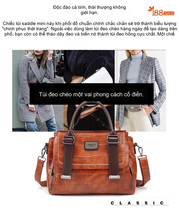 Túi Xách Nữ Da Vân Đá Phối Màu Vintage Đeo Vai, Đeo Chéo Màu Nâu, Đỏ, Đen, Xanh Lá chi tiết 4
