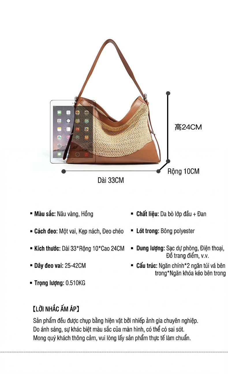 Túi Xách Nữ Đan Móc Phong Cách Bãi Biển Sức Chứa Lớn Màu Nâu, Be chi tiết 6