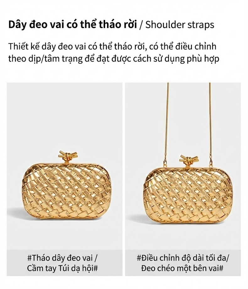 Túi Xách Nữ Đan Thủ Công Thời Trang Dự Tiệc Cầm Tay, Túi Đeo Vai Bề Mặt Da Bóng Màu Vàng, Vàng Nhạt, Xanh Lá... chi tiết 7