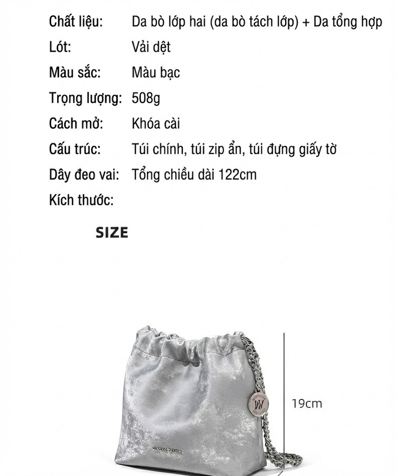 Túi Xách Nữ Dáng Xô Đeo Chéo/Đeo Vai Dây Xích Phong Cách Trung Hoa Da Bóng Màu Xám chi tiết 3