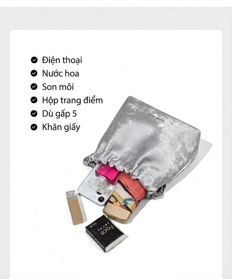 Túi Xách Nữ Dáng Xô Đeo Chéo/Đeo Vai Dây Xích Phong Cách Trung Hoa Da Bóng Màu Xám chi tiết 7