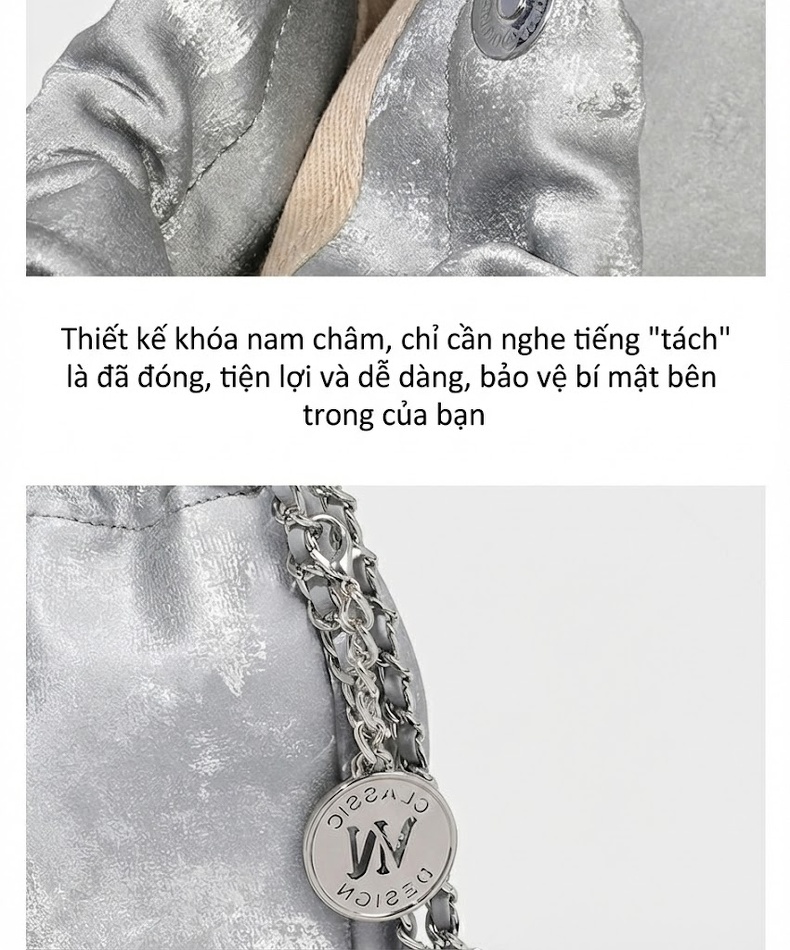 Túi Xách Nữ Dáng Xô Đeo Chéo/Đeo Vai Dây Xích Phong Cách Trung Hoa Da Bóng Màu Xám chi tiết 11
