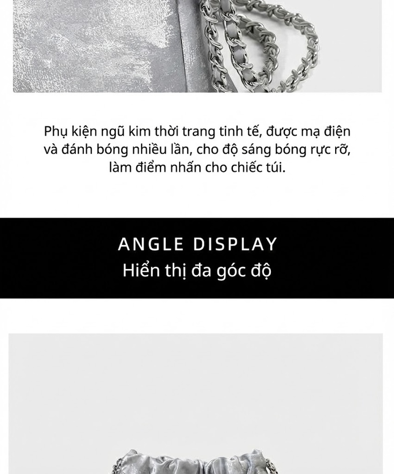 Túi Xách Nữ Dáng Xô Đeo Chéo/Đeo Vai Dây Xích Phong Cách Trung Hoa Da Bóng Màu Xám chi tiết 12