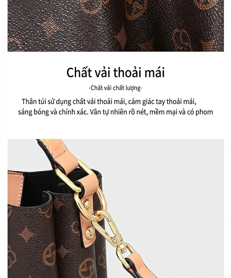 Túi Xách Nữ Dáng Xô Họa Tiết Cao Cấp Công Sở Đeo Vai, Đeo Chéo Màu Nâu chi tiết 10