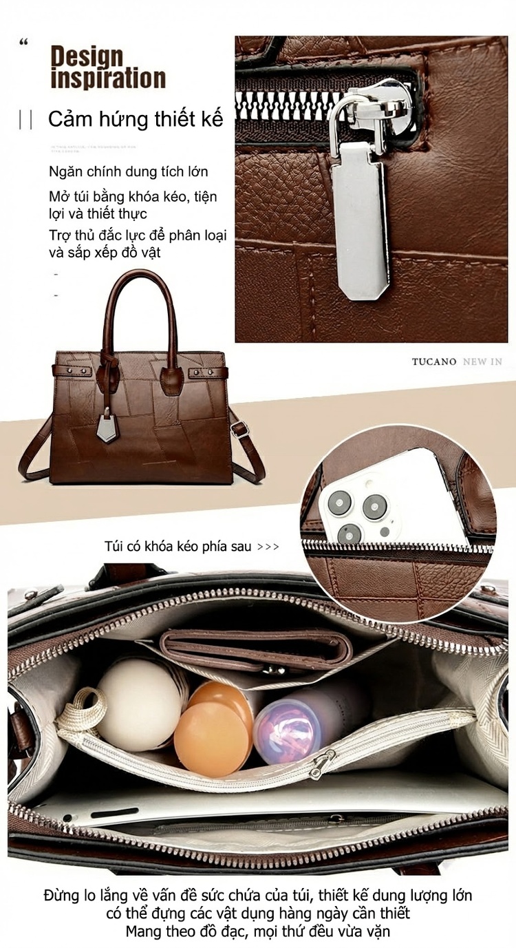 Túi Xách Nữ Đeo Chéo Công Sở Lớn Màu Trắng, Nâu, Đen, Kem chi tiết 5