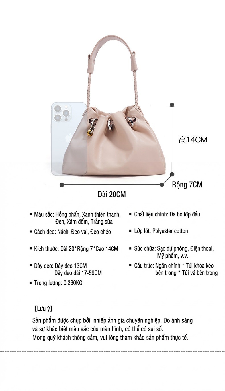 Túi Xách Nữ Đeo Chéo/Đeo Vai/Xách Tay Da Bóng Kiểu Dáng Cloud Bag Màu Hồng, Nâu, Xanh chi tiết 6
