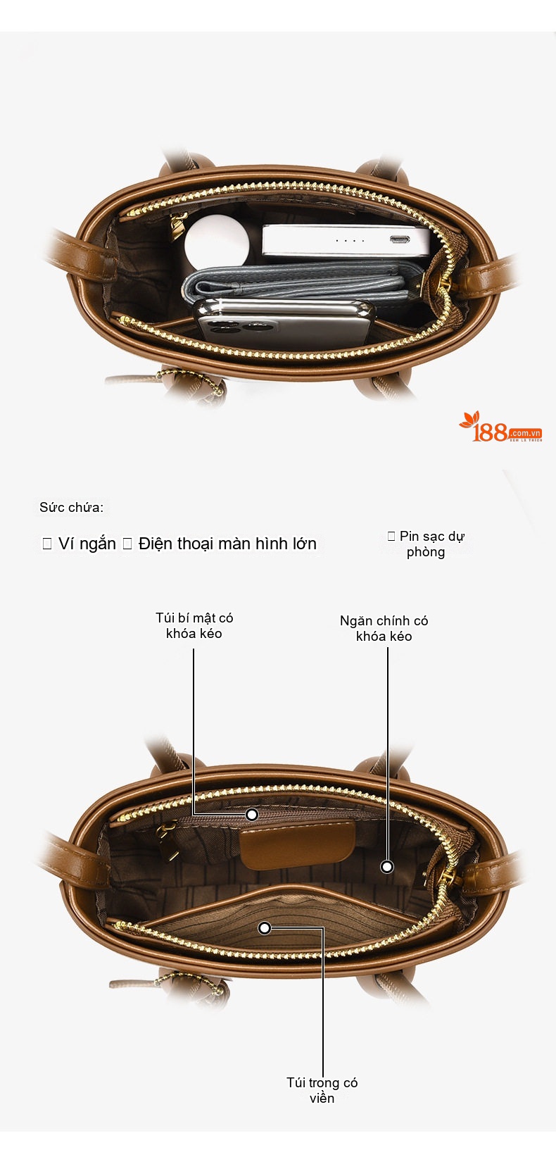 Túi Xách Nữ Đeo Chéo Mini Da Bóng Sức Chứa Lớn Màu Nâu, Trắng, Nâu Đậm chi tiết 3