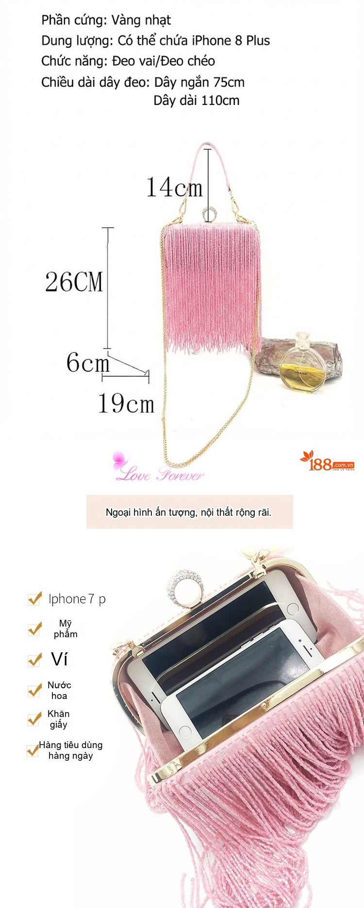 Túi Xách Nữ Đeo Vai/Cầm Tay Dạng Hộp Viền Kim Loại Tua Rua Phong Cách Dự Tiệc Màu Hồng, Đen chi tiết 1