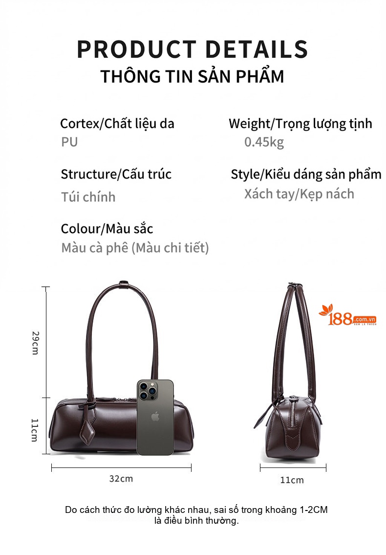 Túi Xách Nữ Đeo Vai Cầm Tay Dáng Ống Da Bóng Quai Xách Dài Phong Cách Vintage Màu Nâu, Hồng, Đỏ Rượu, Đen chi tiết 4