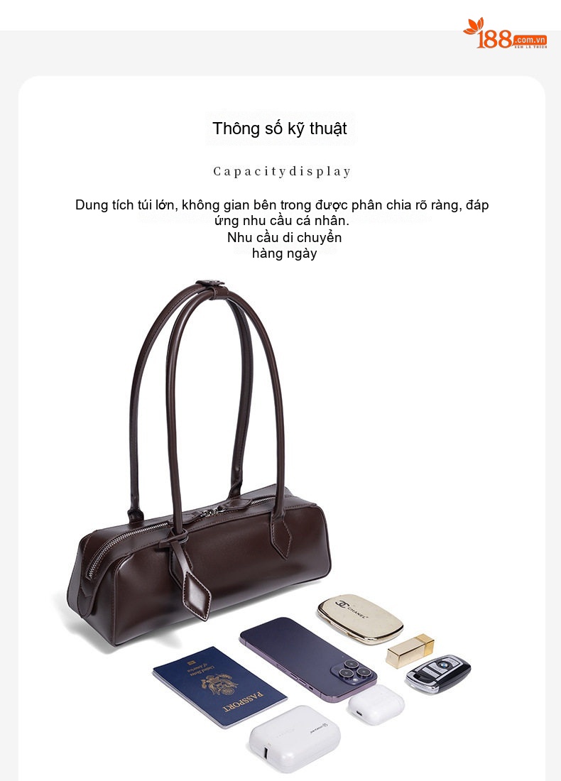 Túi Xách Nữ Đeo Vai Cầm Tay Dáng Ống Da Bóng Quai Xách Dài Phong Cách Vintage Màu Nâu, Hồng, Đỏ Rượu, Đen chi tiết 8