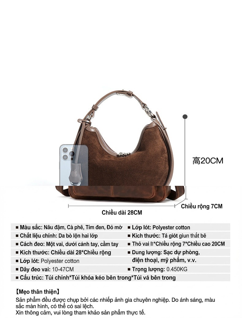 Túi Xách Nữ Đeo Vai Da Mờ Kiểu Dáng Trăng Lưỡi Liềm Phong Cách Retro Màu Nâu, Đỏ chi tiết 6