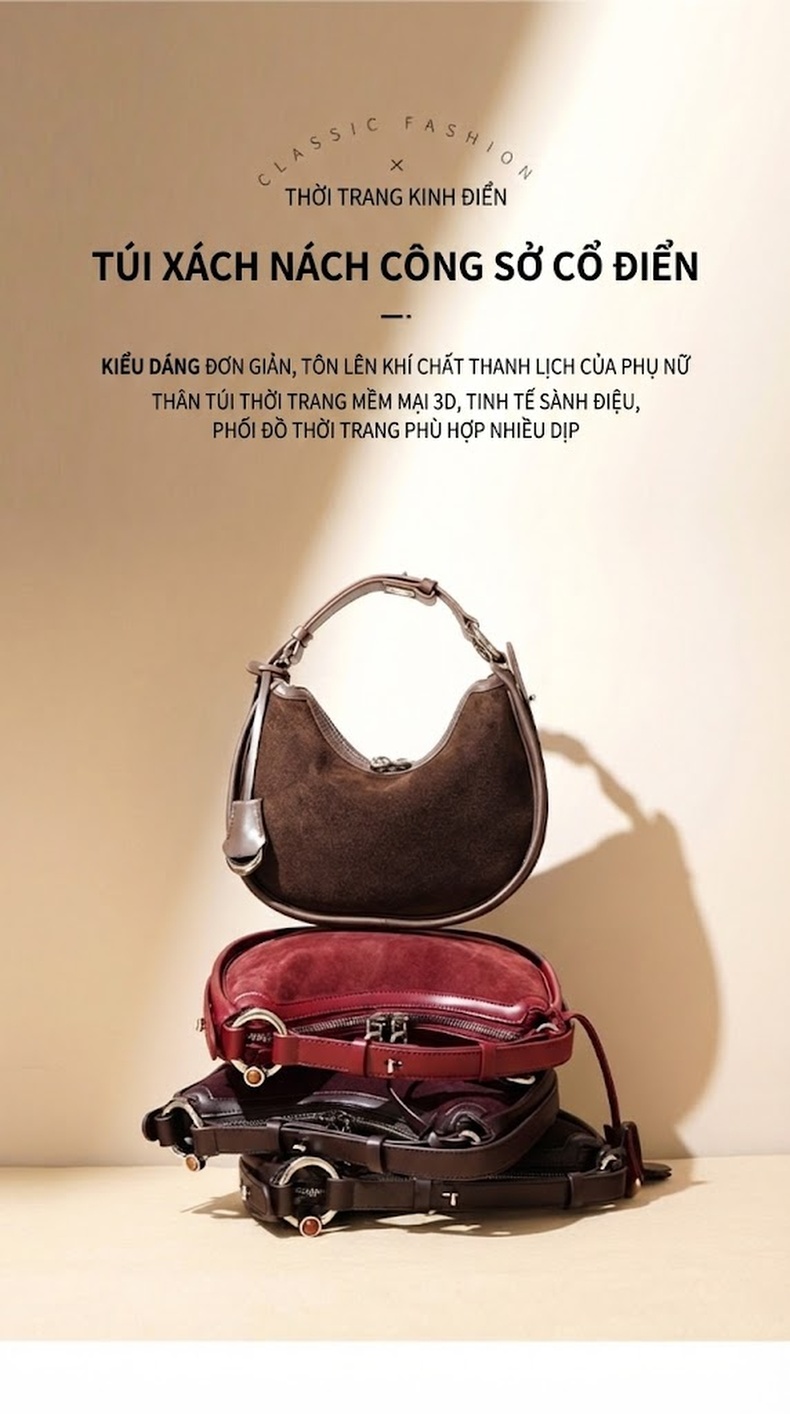 Túi Xách Nữ Đeo Vai Da Mờ Kiểu Dáng Trăng Lưỡi Liềm Phong Cách Retro Màu Nâu, Đỏ chi tiết 1