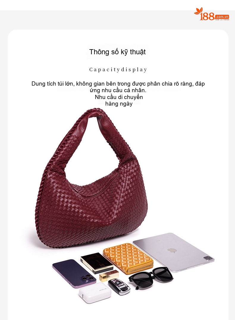 Túi Xách Nữ Đeo Vai Đan Tay Thủ Công Sức Chứa Lớn Phong Cách Vintage Màu Xanh Lá, Đỏ Rượu Vang, Kem, Xanh Navy chi tiết 8