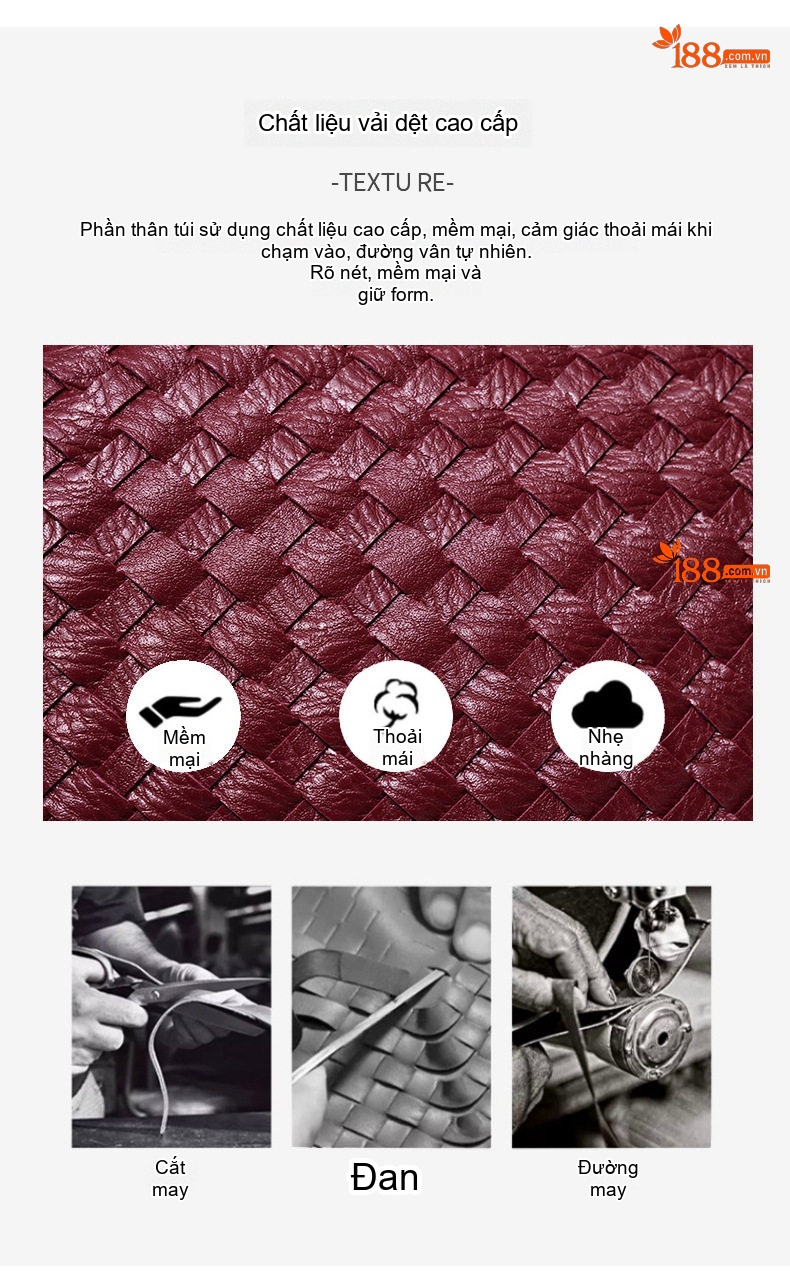 Túi Xách Nữ Đeo Vai Đan Tay Thủ Công Sức Chứa Lớn Phong Cách Vintage Màu Xanh Lá, Đỏ Rượu Vang, Kem, Xanh Navy chi tiết 2