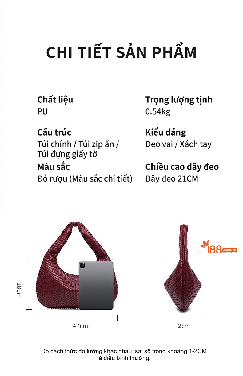 Túi Xách Nữ Đeo Vai Đan Tay Thủ Công Sức Chứa Lớn Phong Cách Vintage Màu Xanh Lá, Đỏ Rượu Vang, Kem, Xanh Navy chi tiết 5
