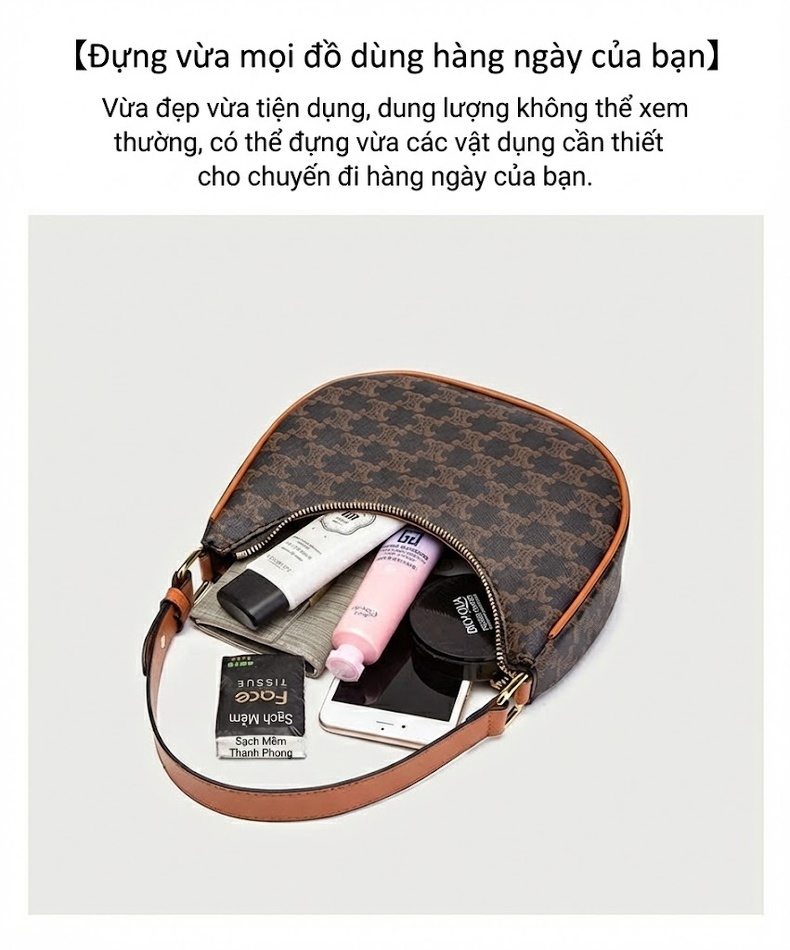 Túi Xách Nữ Đeo Vai Dáng Trăng Khuyết Họa Tiết Vintage Màu Nâu chi tiết 20