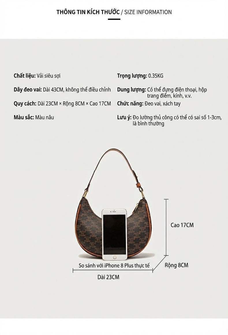 Túi Xách Nữ Đeo Vai Dáng Trăng Khuyết Họa Tiết Vintage Màu Nâu chi tiết 6