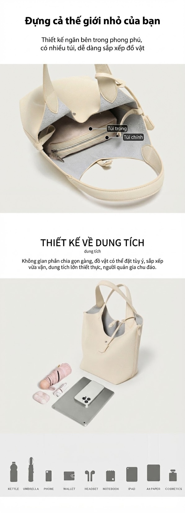 Túi Xách Nữ Đeo Vai Dáng Xô Thời Trang Công Sở Màu Trắng Kem, Hồng, Xanh Navy chi tiết 6
