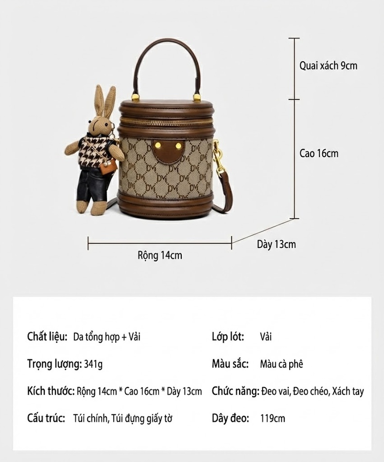 Túi Xách Nữ Đeo Vai Đeo Chéo Dáng Tròn Nhỏ Gọn Màu Nâu chi tiết 18