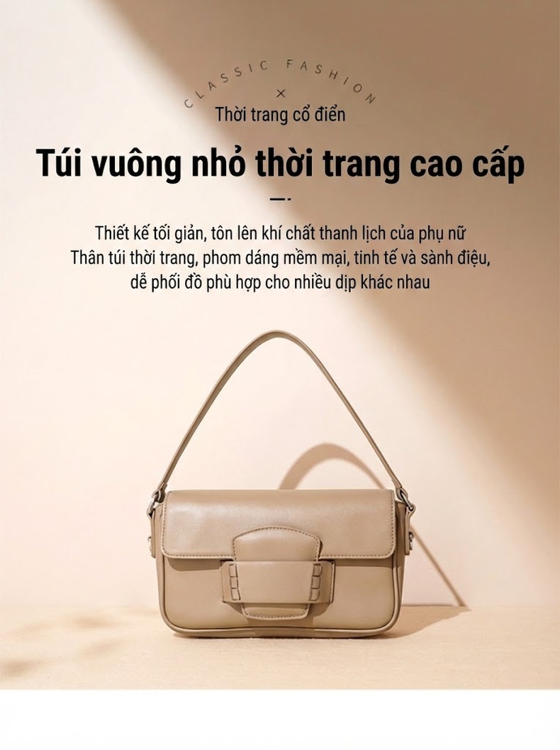 Túi Xách Nữ Đeo Vai/Đeo Chéo Kiểu Dáng Vuông Nhỏ Da Bóng Phong Cách Tối Giản Màu Kem, Nâu, Đen chi tiết 1
