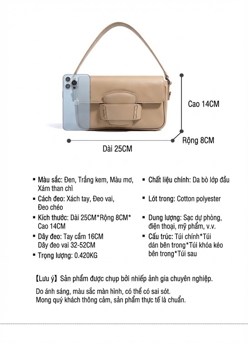 Túi Xách Nữ Đeo Vai/Đeo Chéo Kiểu Dáng Vuông Nhỏ Da Bóng Phong Cách Tối Giản Màu Kem, Nâu, Đen chi tiết 8