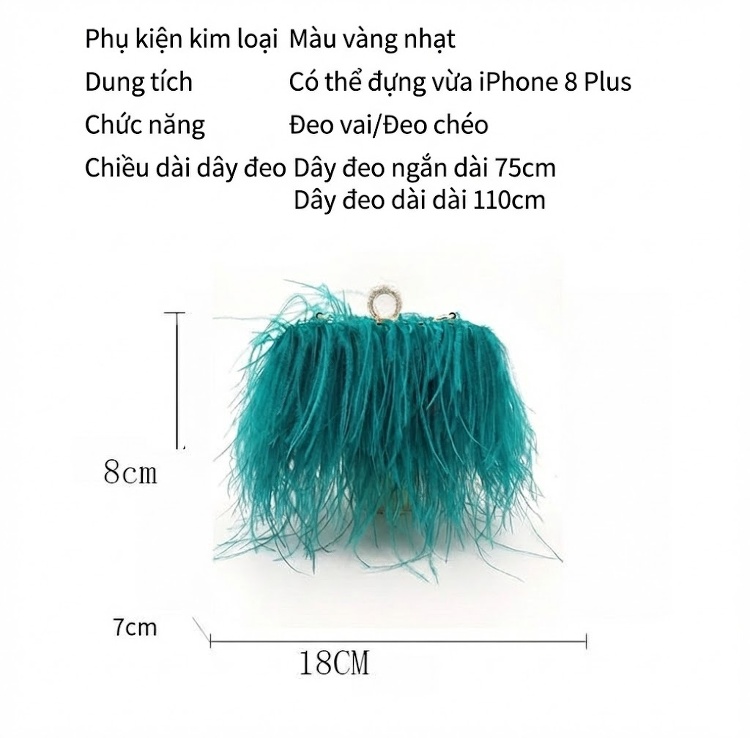 Túi Xách Nữ Đeo Vai/Đeo Chéo Lông Đà Điểu Tua Rua Dự Tiệc/Đi Show Thời Trang Màu Đen, Cam, Xanh, Hồng... chi tiết 1