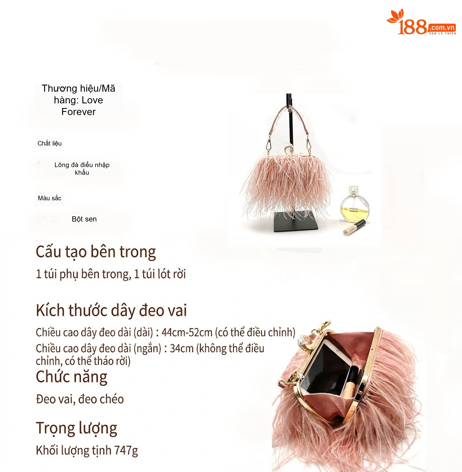 Túi Xách Nữ Đeo Vai/Đeo Chéo Lông Đà Điểu Tua Rua Dự Tiệc/Đi Show Thời Trang Màu Đen, Cam, Xanh, Hồng... chi tiết 11