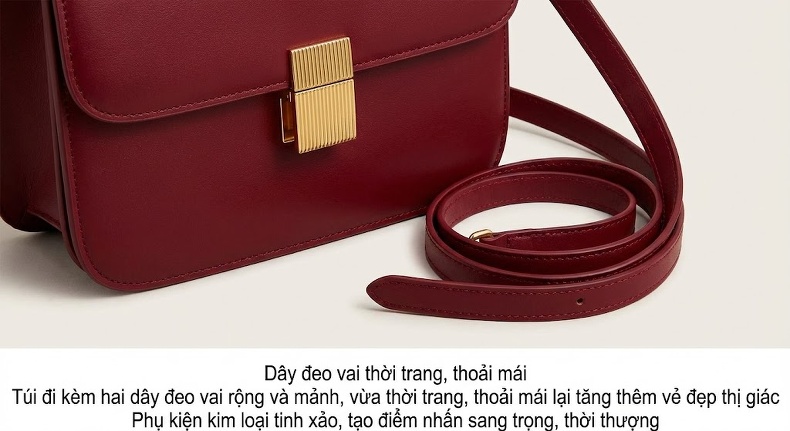 Túi Xách Nữ Đeo Vai/Đeo Chéo Thiết Kế Độc Đáo Da Bò Dáng Yên Ngựa Màu Đỏ chi tiết 11