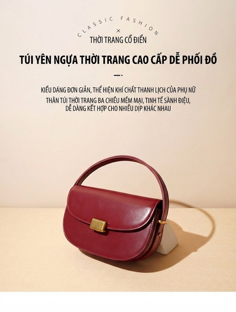 Túi Xách Nữ Đeo Vai/Đeo Chéo Thiết Kế Độc Đáo Da Bò Dáng Yên Ngựa Màu Đỏ chi tiết 2