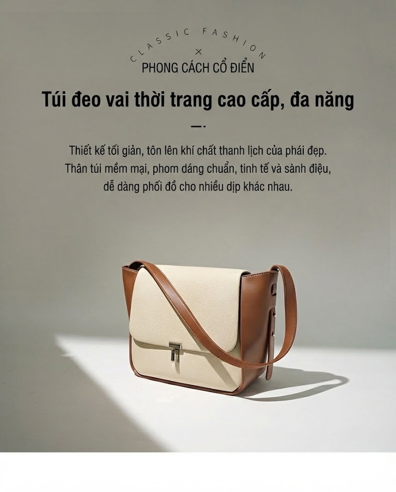 Túi Xách Nữ Đeo Vai/Đeo Chéo Vải Canvas Phối Da Bóng, Dây Đeo Điều Chỉnh Màu Kem, Nâu chi tiết 1