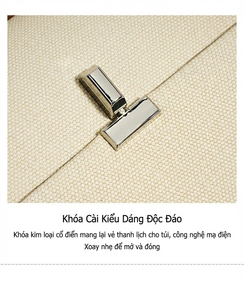 Túi Xách Nữ Đeo Vai/Đeo Chéo Vải Canvas Phối Da Bóng, Dây Đeo Điều Chỉnh Màu Kem, Nâu chi tiết 11