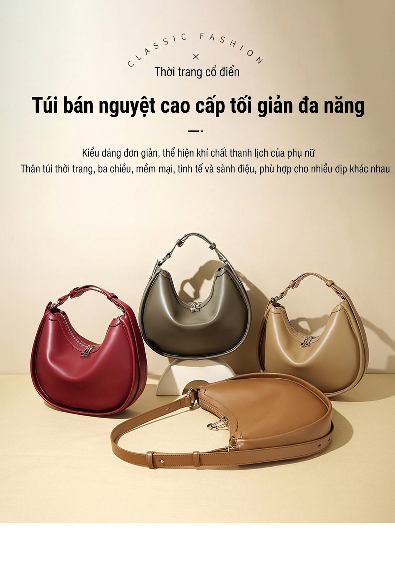Túi Xách Nữ Đeo Vai/Đeo Chéo/Xách Tay Thiết Kế Hình Bán Nguyệt Da Bóng Màu Đen, Đỏ, Nâu, Xám chi tiết 2