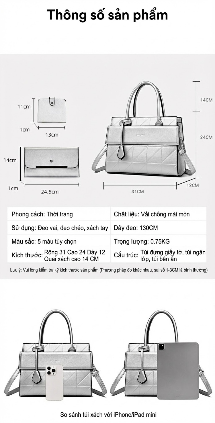 Túi Xách Nữ Đeo Vai Họa Tiết Vân Cá Sấu Đơn Giản Phong Cách Đô Thị Màu Đen, Nâu, Xám, Bạc chi tiết 29
