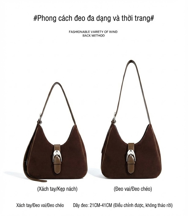 Túi Xách Nữ Đeo Vai/Kẹp Nách Da Mờ Thiết Kế Pháp Màu Nâu, Xanh Dương, Đỏ chi tiết 11