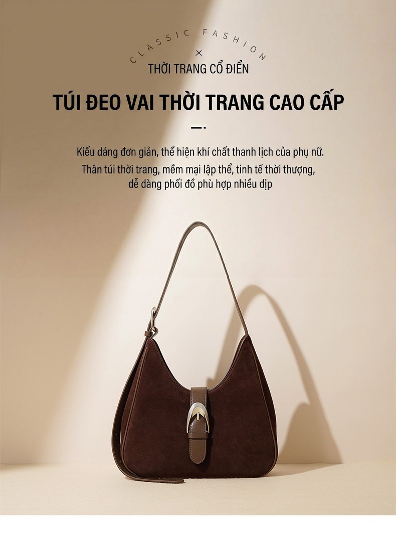 Túi Xách Nữ Đeo Vai/Kẹp Nách Da Mờ Thiết Kế Pháp Màu Nâu, Xanh Dương, Đỏ chi tiết 2