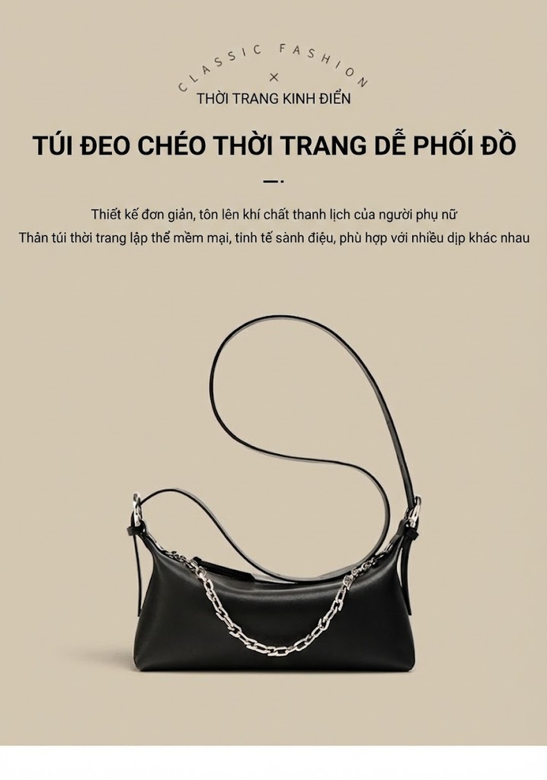 Túi Xách Nữ Đeo Vai/Kẹp Nách Pháp Tiểu Thư Quai Xích Phong Cách Tối Giản Màu Đen chi tiết 1