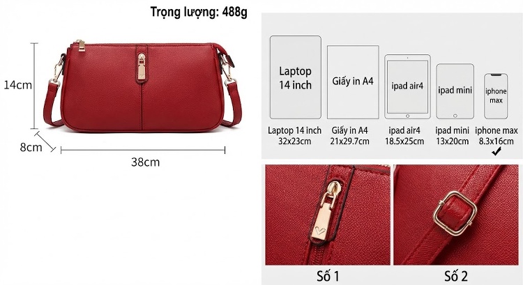 Túi Xách Nữ Đeo Vai Vintage Da Bóng Thiết Kế Hàn Quốc Màu Nâu, Đỏ, Đen, Trắng... chi tiết 3