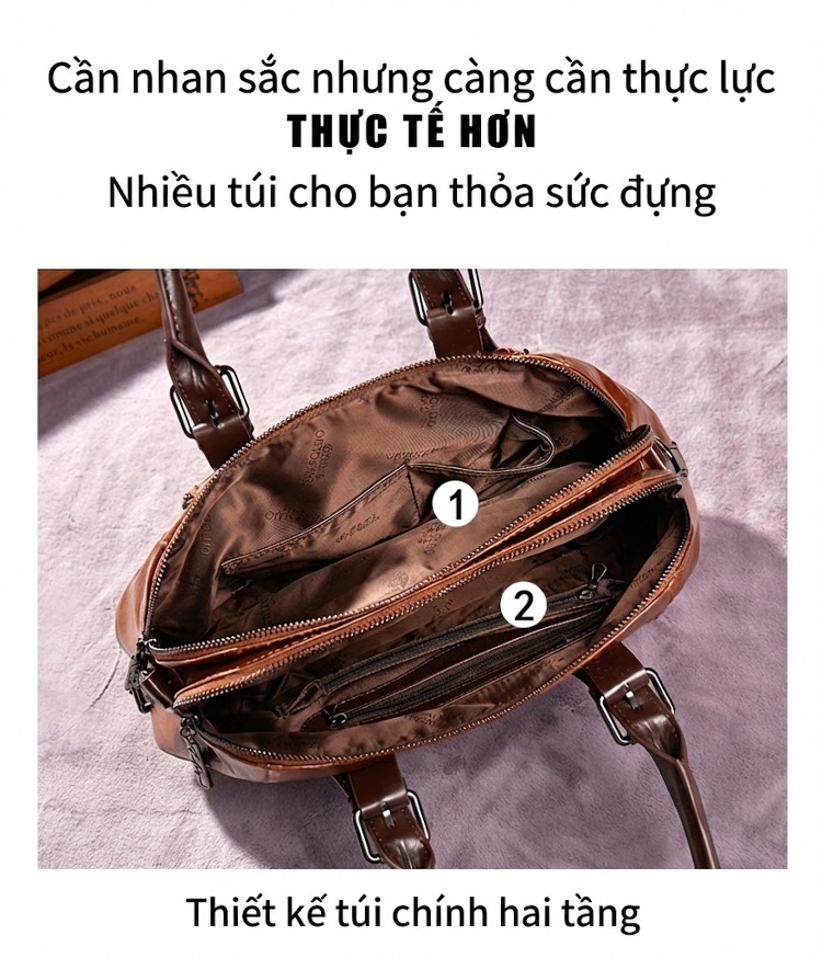 Túi Xách Nữ Đeo Vai, Xách Tay, Đeo Chéo Da Mềm Phong Cách Âu Mỹ Cổ Điển, Túi Boston Lớn Màu Nâu chi tiết 4