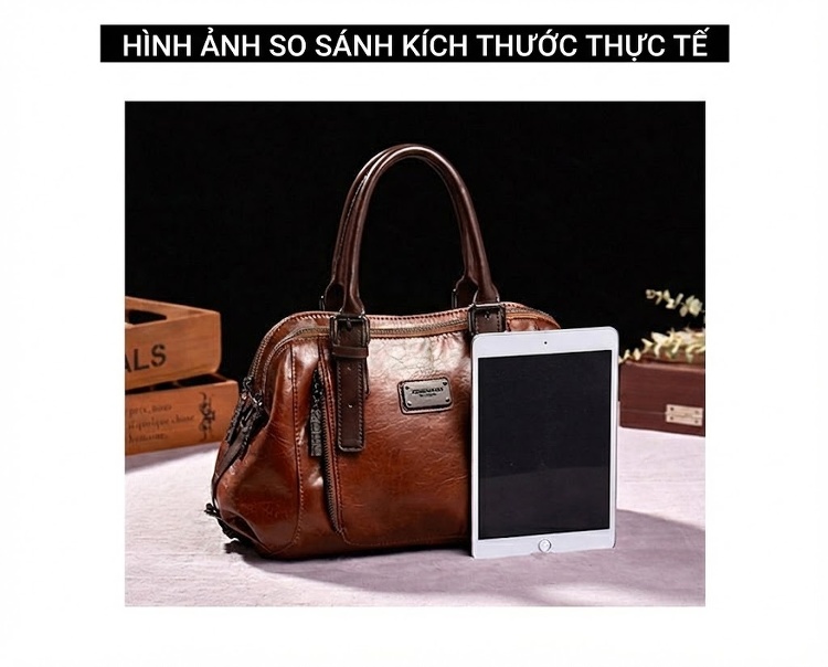 Túi Xách Nữ Đeo Vai, Xách Tay, Đeo Chéo Da Mềm Phong Cách Âu Mỹ Cổ Điển, Túi Boston Lớn Màu Nâu chi tiết 14