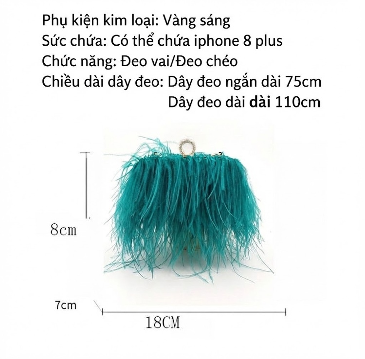 Túi Xách Nữ Đính Lông Đà Điểu Nhập Khẩu, Túi Dự Tiệc, Túi Đeo Vai Dây Xích Thời Trang Màu Tím, Hồng, Đỏ, Đen... chi tiết 22