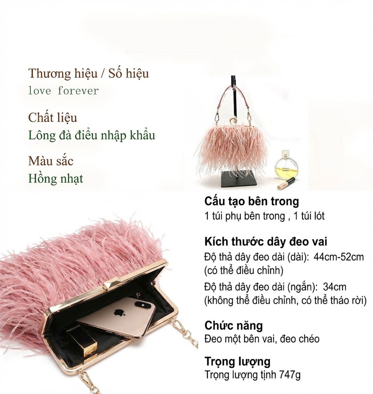 Túi Xách Nữ Đính Lông Đà Điểu Nhập Khẩu, Túi Dự Tiệc, Túi Đeo Vai Dây Xích Thời Trang Màu Tím, Hồng, Đỏ, Đen... chi tiết 20