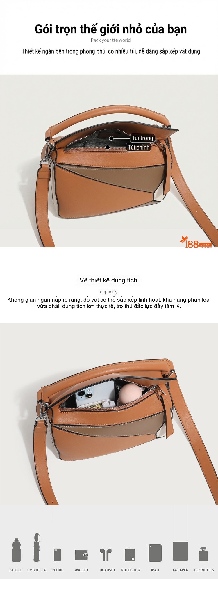 Túi Xách Nữ Hình Học Đeo Chéo/Xách Tay Phong Cách Đường Phố Màu Nâu, Kem, Be chi tiết 5