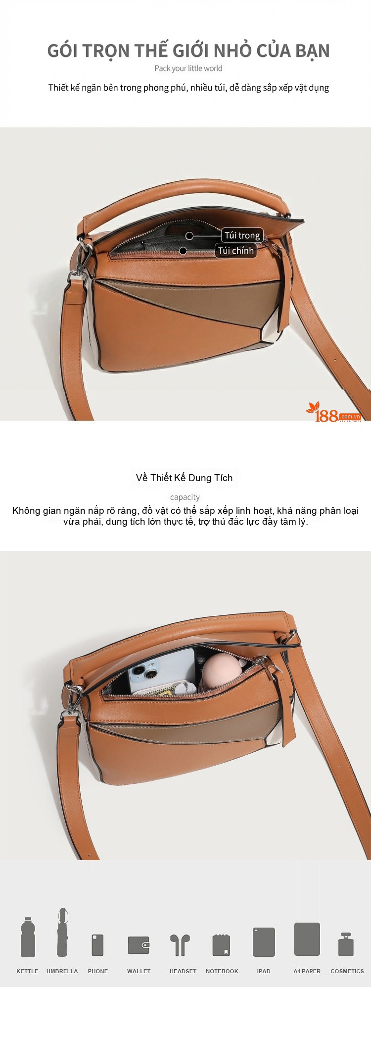 Túi Xách Nữ Hình Học Lớn Đeo Chéo, Xách Tay Màu Nâu, Kem, Be chi tiết 5