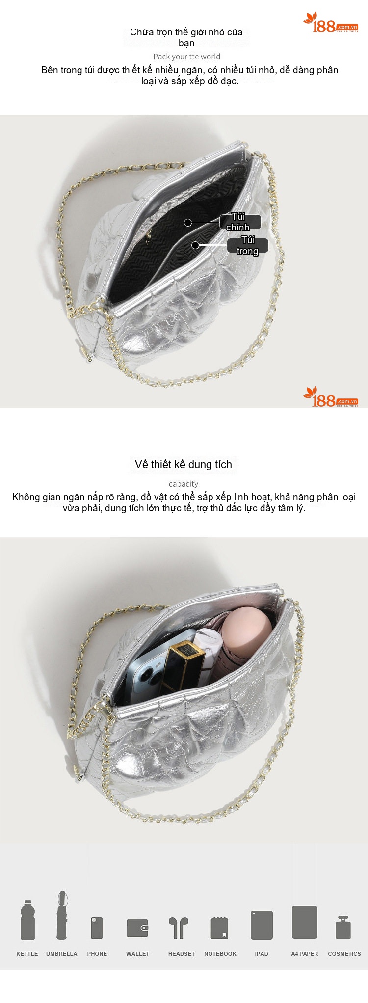 Túi Xách Nữ Hình Thoi Dây Xích Ba Kiểu Đeo Da Bóng Màu Bạc, Hồng, Trắng, Đen... chi tiết 4