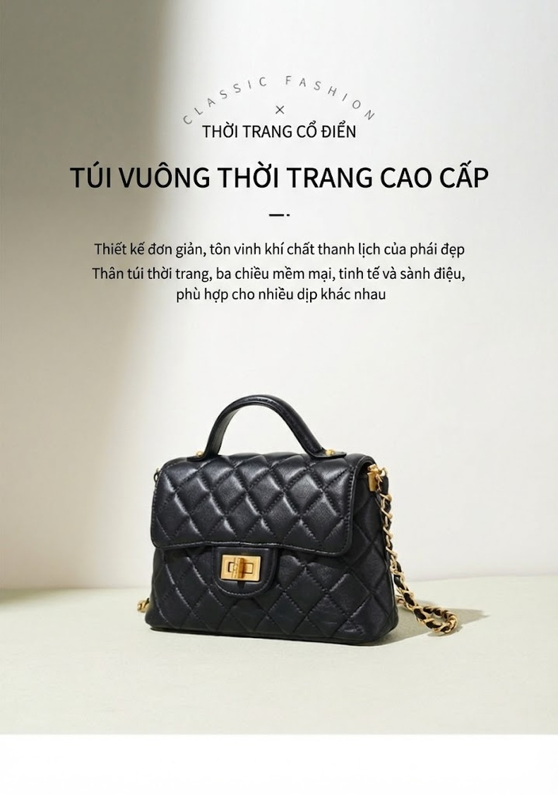 Túi Xách Nữ Hình Thoi Quả Trám Da Bóng Đeo Vai, Đeo Chéo Khóa Gài Dây Xích Màu Đen chi tiết 2