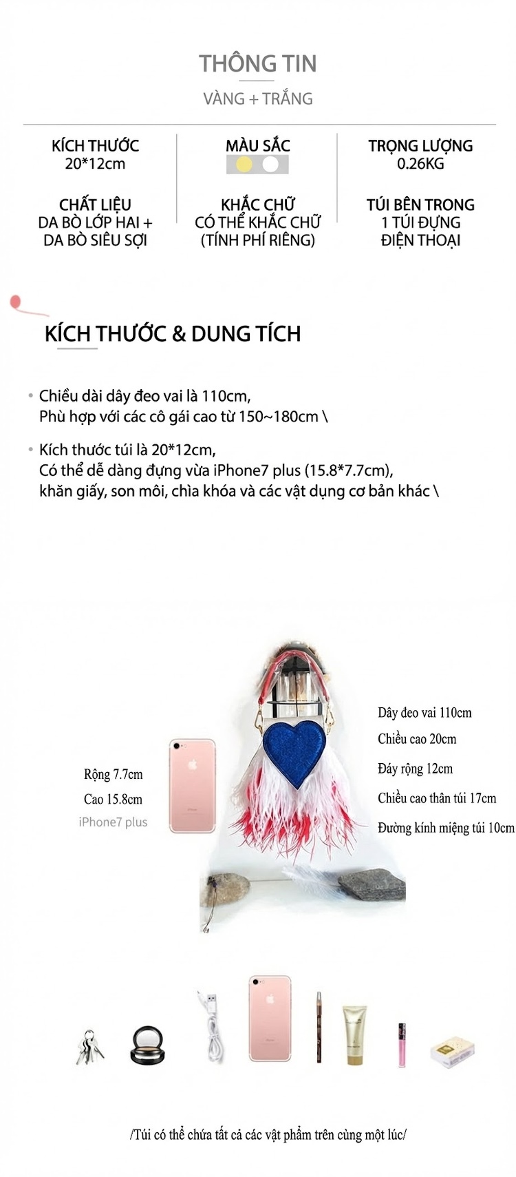 Túi Xách Nữ Hình Trái Tim Đính Lông Vũ Xách Tay Đeo Chéo Đựng Điện Thoại Màu Hồng, Vàng, Xanh, Đỏ... chi tiết 14