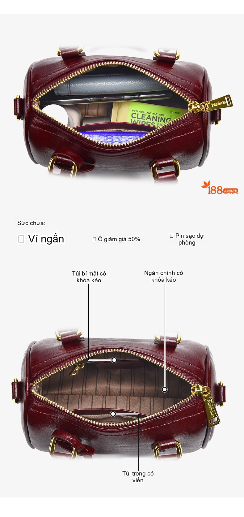 Túi Xách Nữ Hình Trụ Cầm Tay/Đeo Chéo Da Bóng Phong Cách Xuân Hè Màu Đỏ Rượu, Đen, Kem chi tiết 3