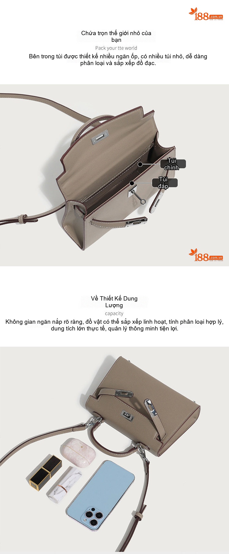 Túi Xách Nữ Kelly Mini Da Bóng Đeo Vai, Đeo Chéo Màu Nâu, Trắng chi tiết 5