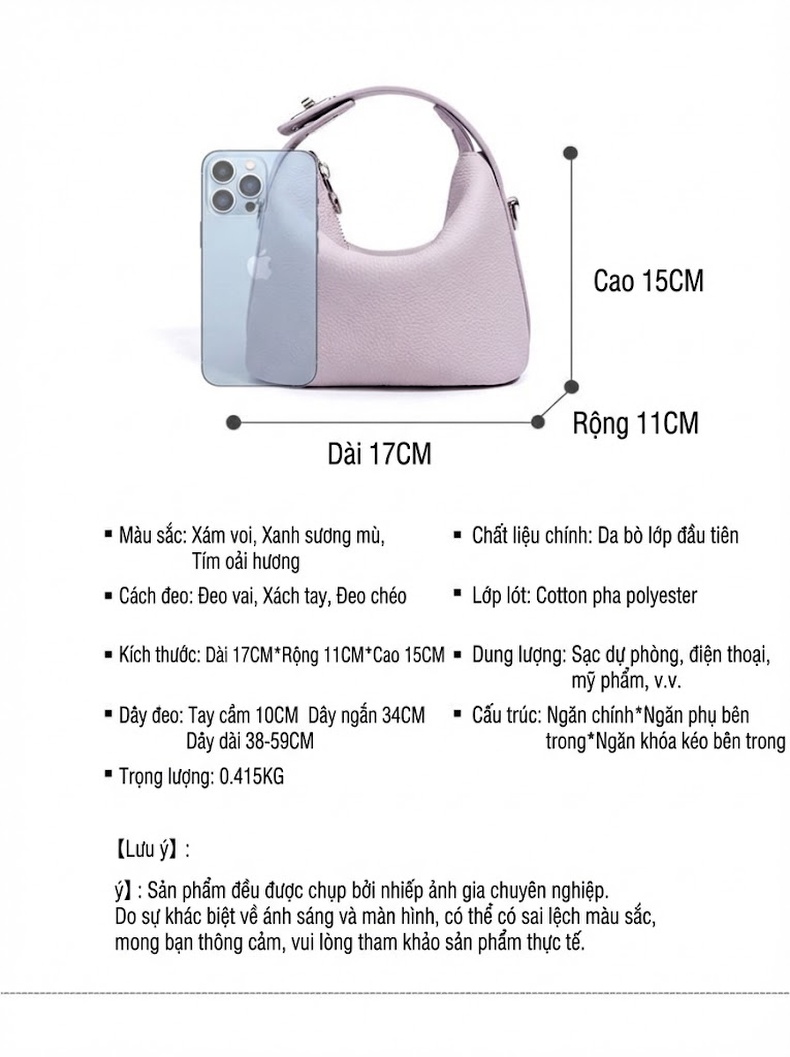 Túi xách nữ kẹp nách dáng bán nguyệt thiết kế đeo vai da mờ chi tiết 6